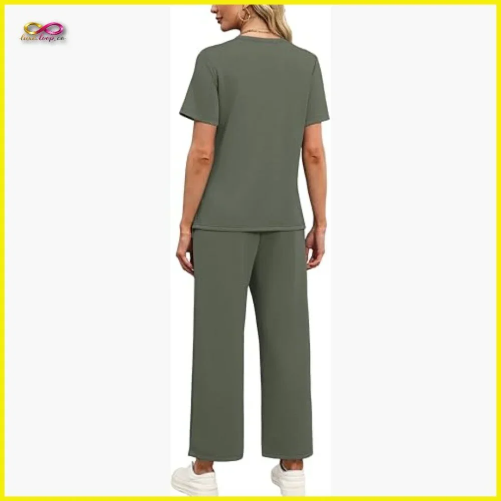 Two Piece Matching Set Wide Leg Crop Pants V Neck Top Resort Wear